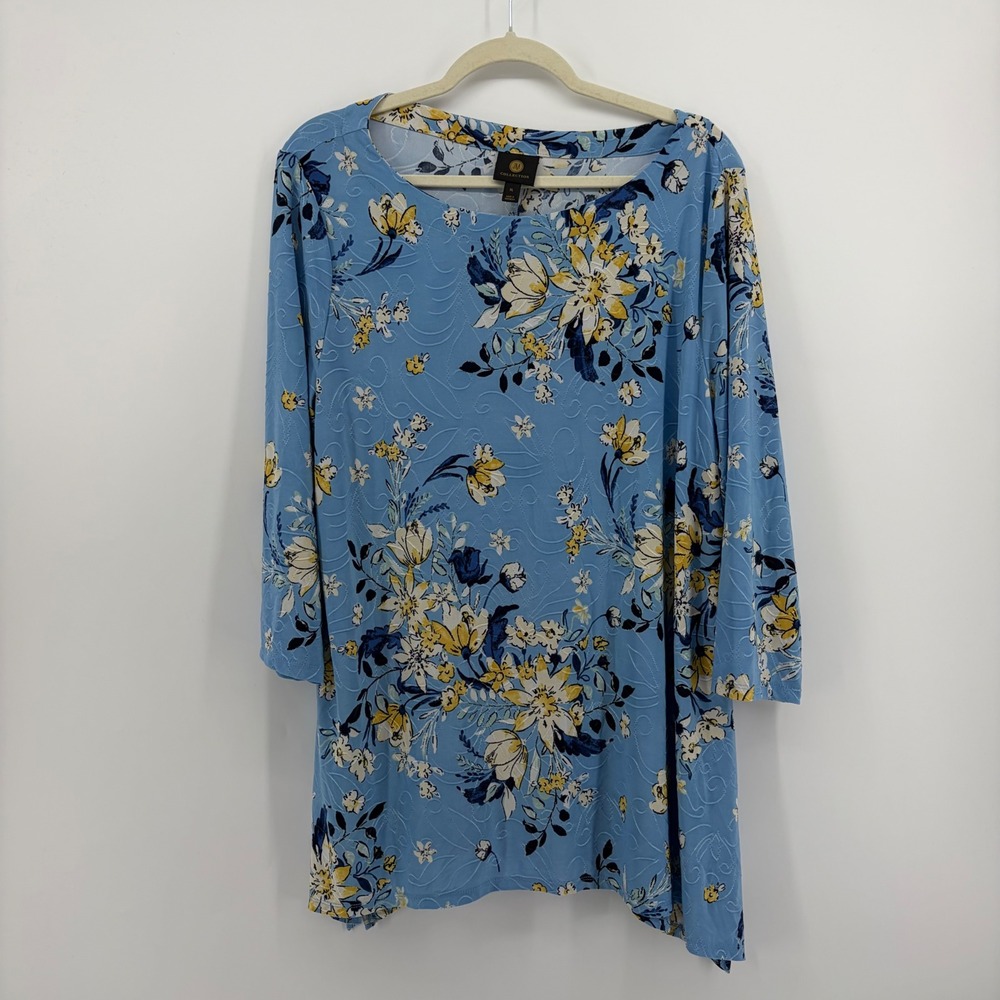 JM Collection Womens XL Blue Floral Tunic Top Blouse Sharkbite Hem 3/4 Sleeve
